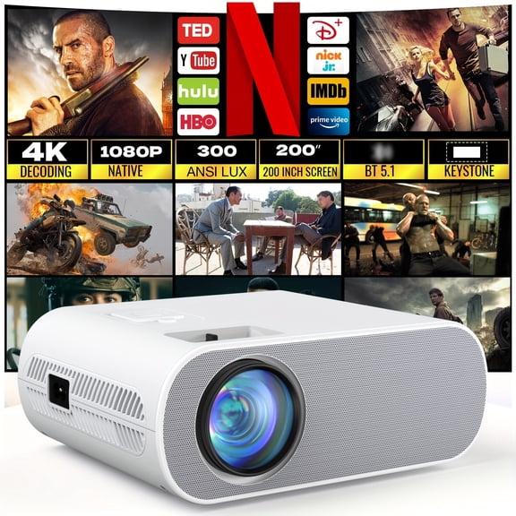 Native 1080P Projector with BT5.1, 300ANSI Lux & 4K Supported, Portable Movie Outdoor Projector for Home Theater, Compatible with USB/TV Stick/Laptop/iOS Android Phone, Lightweight Device