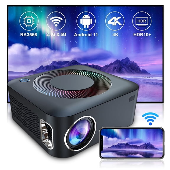 Native 1080P Smart Projector, 400 ANSI Lumens Home Theater Projector with Android 11, RK3566 Quad Core 2GB RAM 16GB ROM, WiFi 5GHz & Bluetooth 5.0, 4K Video Decoding, 28-200 Inch Display, Manual Focu
