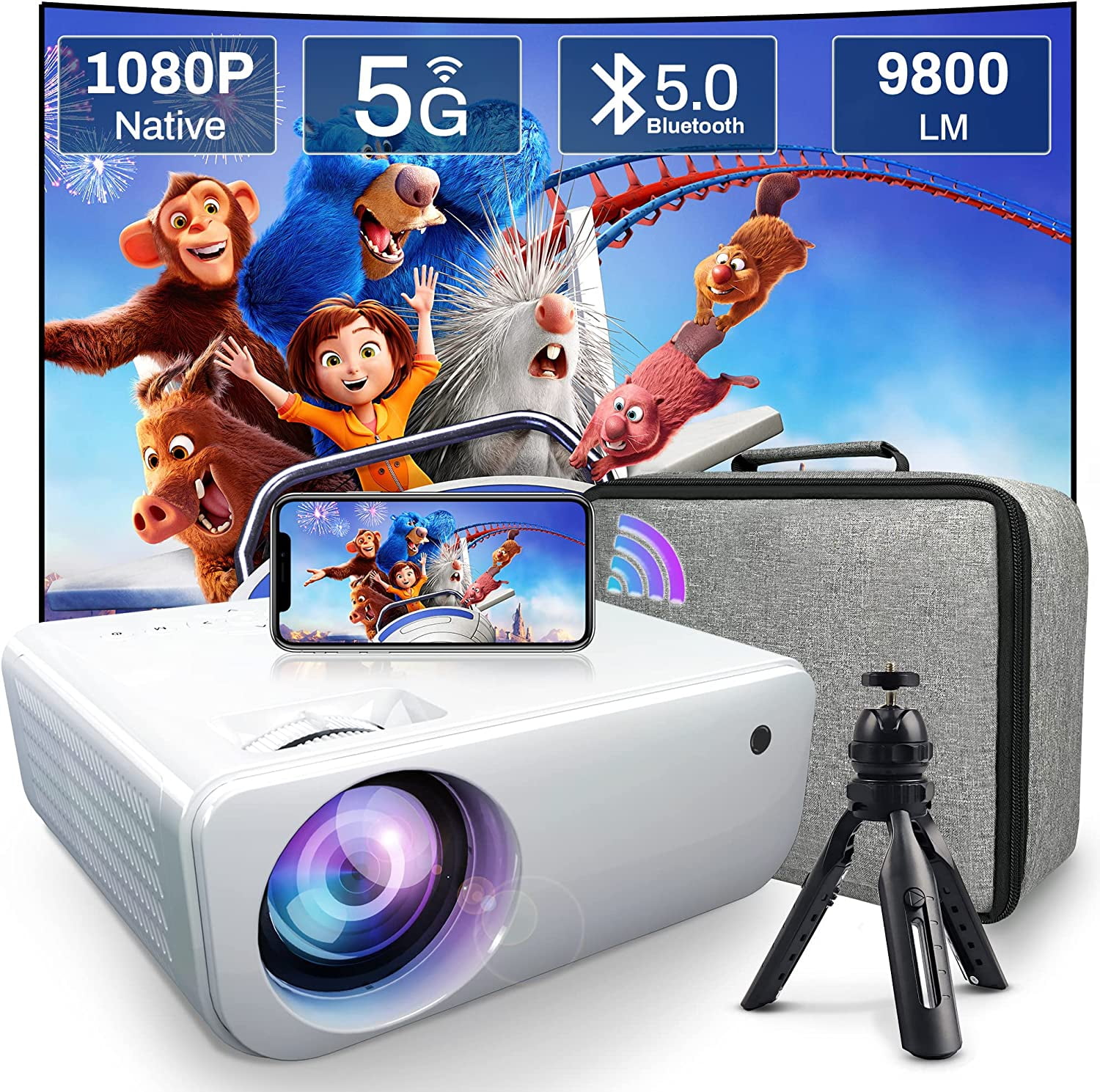 Native 1080P WiFi Bluetooth Projector Built in DVD Player, KERDOM Portable  DVD Projector, Mini Video Movie Projector for Outdoor, Zoom  Sleep Timer  Support, Compatible with TV/HDMI/VGA/AV/USB/TF