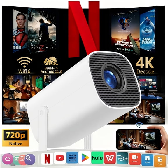 Native 720P & 4K Support Android 11 Projector, WiFi 6 BT5.0, Compact Smart Home Theater for Streaming, Gaming, Movies, Wireless Screen Mirroring, Indoor Outdoor Use