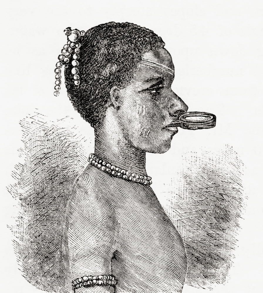 A Native African Woman Wearing A Lip Piercing Known As A Pelele In The 19Th Century From Africa By Keith Johnston Published 1884 Canvas Art - Ken Welsh Design Pics (26 x 30)