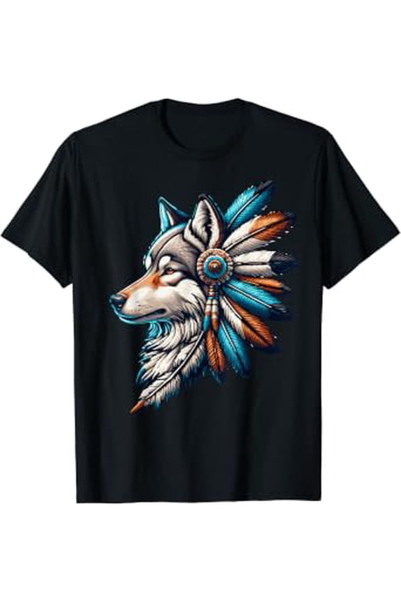 Native America Wolf Head Feather Tribal Bohemian Wolfs T-Shirt