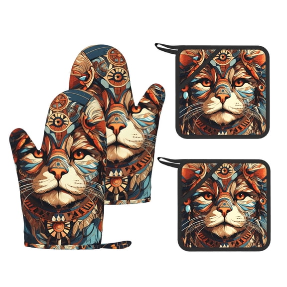Native American Cat Indian 4-Piece Silicone Oven Gloves and Pot Holders Set Hot Pads for Kitchen Cooking BBQ Baking Chefs Cooks