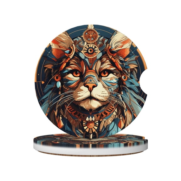 Native American Cat Indian Absorbent Ceramic Car Coasters, 2-Piece Set with Non-Slip Cork Base for Auto Cup Holders
