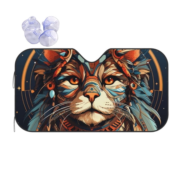 Native American Cat Indian Reflective Car Windshield Sunshade, UV Ray Reflector Sun Visor Universal Fit for SUVs, Trucks, Sedans,S
