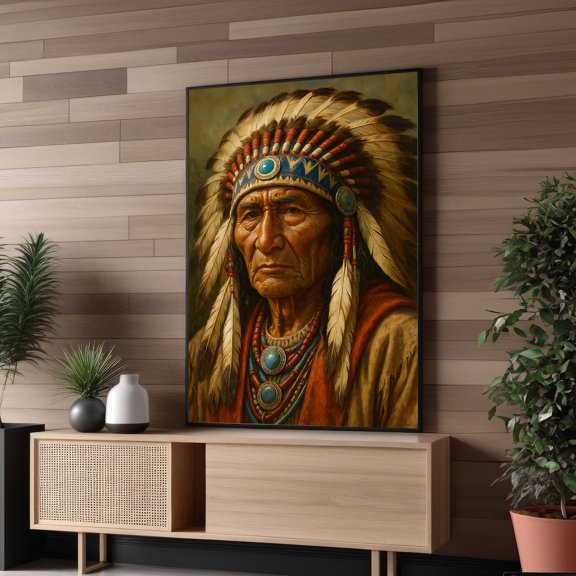 Native American Chief Portrait – Noble And Cultural Canvas Painting For Rustic, Tribal, Or Heritage Wall Decor, Unframed Poster Size 12x18