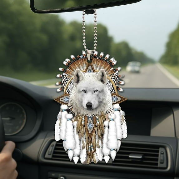 Native American Dreamcatcher White Wolf Car Mirror Ornament - Spiritual Gift & Tree Decor