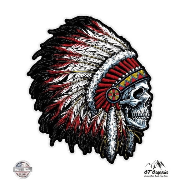 Native American Headdress Skull - 5" Vinyl Sticker - For Car Laptop I-Pad - Waterproof Decal