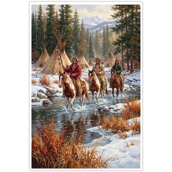 Native American Riders Winter Scene Wall Art Canvas Prints Rustic Wilderness Decor Snowy Landscape Poster Artwork Gift for Home Office Bedroom--