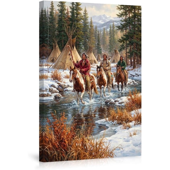 Native American Riders Winter Scene Wall Art Canvas Prints Rustic Wilderness Decor Snowy Landscape Poster Artwork Gift for Home Office Bedroom--