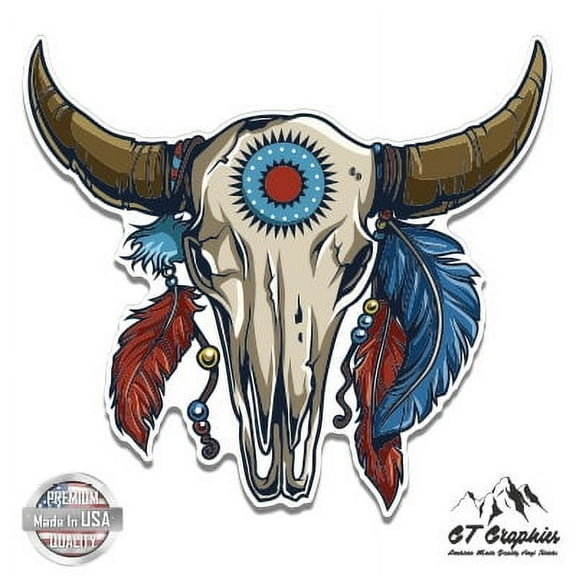 Native American Skull - 3" Vinyl Sticker - For Car Laptop I-Pad Phone Helmet Hard Hat - Waterproof Decal