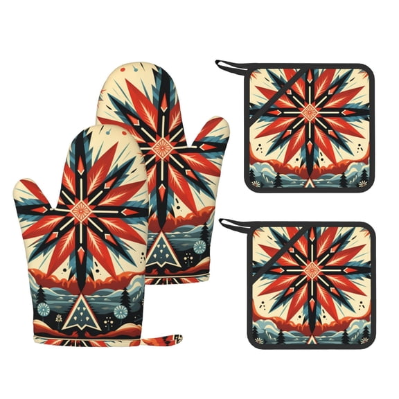 Native American Southwestern Geometric 4-Piece Silicone Oven Gloves and Pot Holders Set Hot Pads for Kitchen Cooking BBQ Baking Chefs Cooks