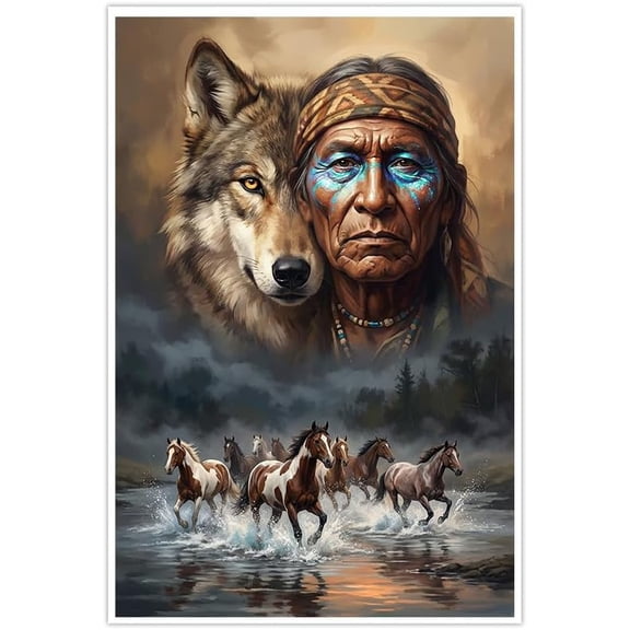 Native American Spirit Wolf Wall Art Canvas Prints Majestic Horse Scene Poster Artwork Cultural Decor for Bedroom Living Room-