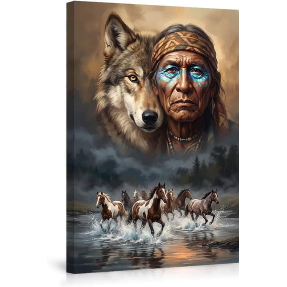 Native American Spirit Wolf Wall Art Canvas Prints Majestic Horse Scene Poster Artwork Cultural Decor for Bedroom Living Room-