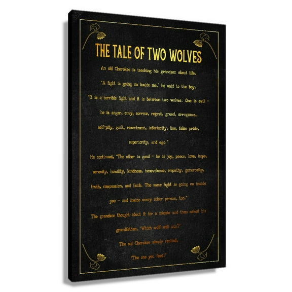 Native American The Tale of Two Wolves Quote Wall Art Prints Poster Pictures for Living Room Rectangular Canvas Modern Decorations for Bedroom Framed 16×24 in