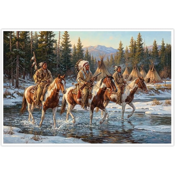 Native American Warriors on Horseback Wall Art Canvas Prints Winter Landscape with Teepees Scene Poster Artwork Rustic Western Decor for Bedroom Living Room--