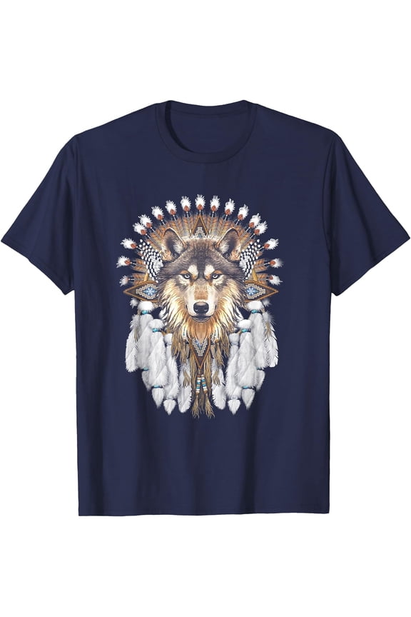 Native American Wolf Feather Unisex T-Shirt for Men Women Kids Toddler,Navy Color,Size L