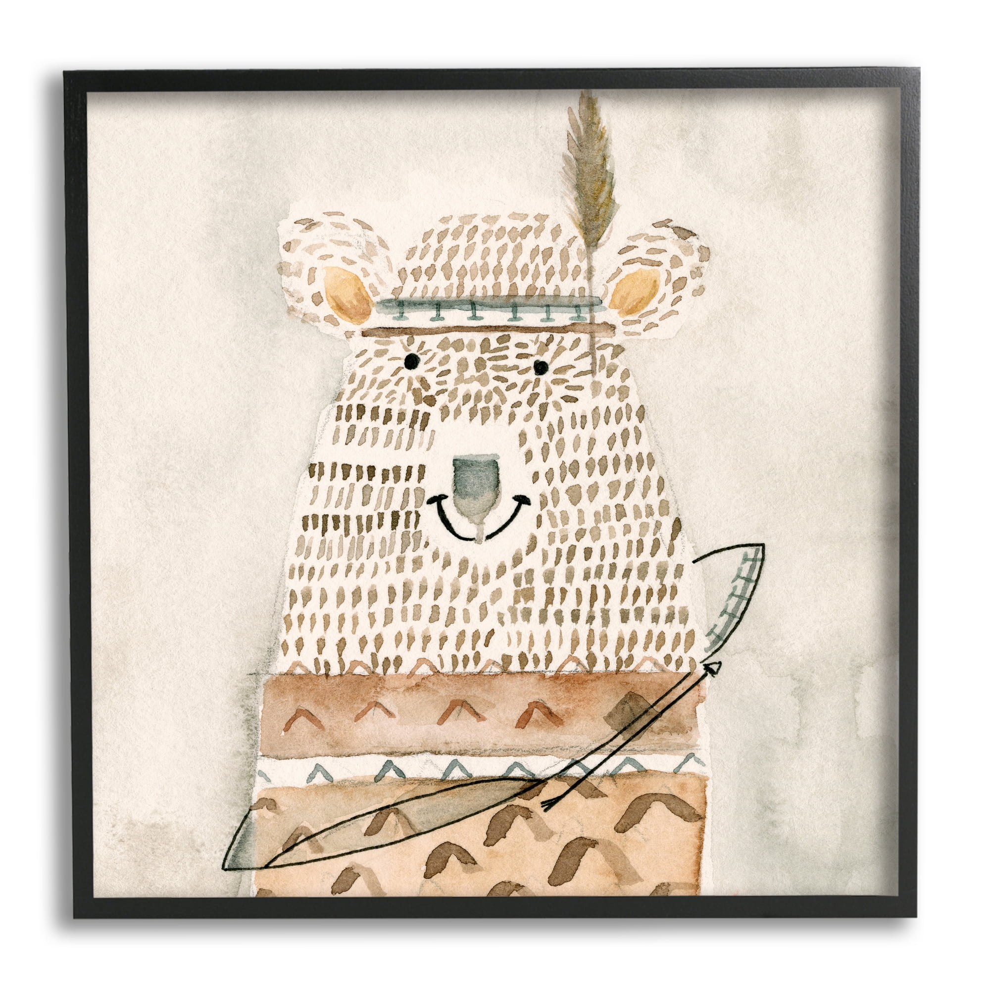 Native Bear with Pattern Shirt Neutral Watercolor Animals & Insects Framed Art Print Wall Art, 17x17