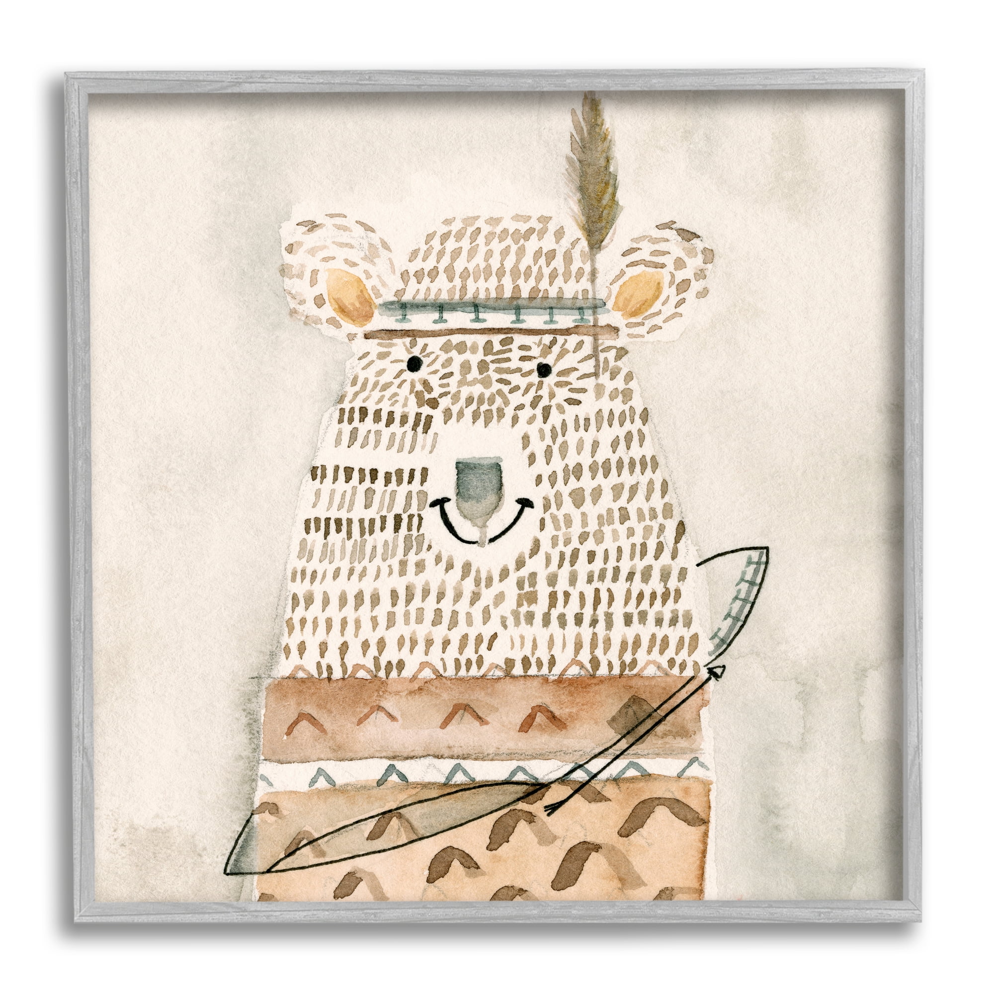 Native Bear with Pattern Shirt Neutral Watercolor Animals & Insects Framed Art Print Wall Art, 17x17