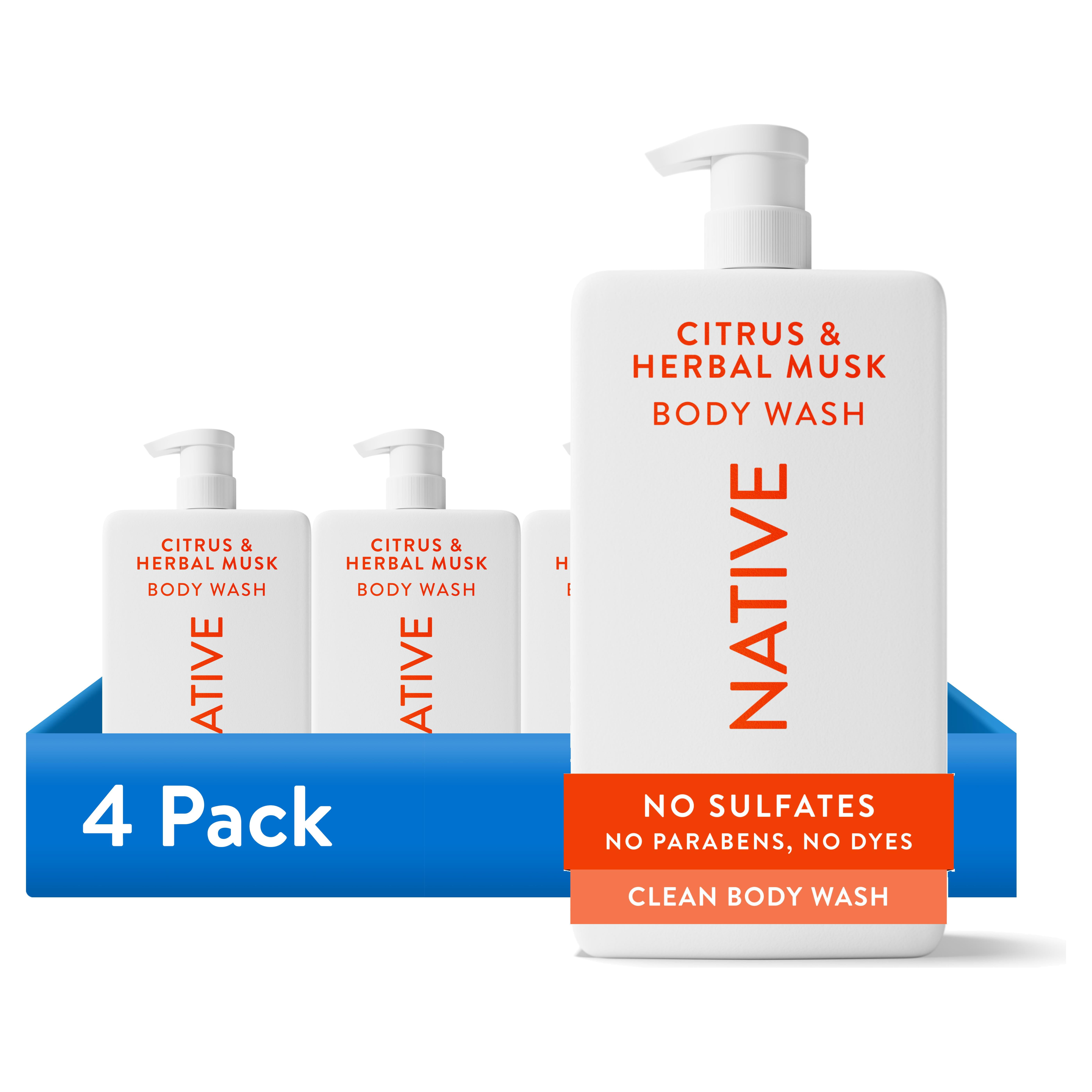 (4 pack) Native Body Wash, Citrus & Herbal Musk, Sulfate Free, for Women & Men, 36 fl oz