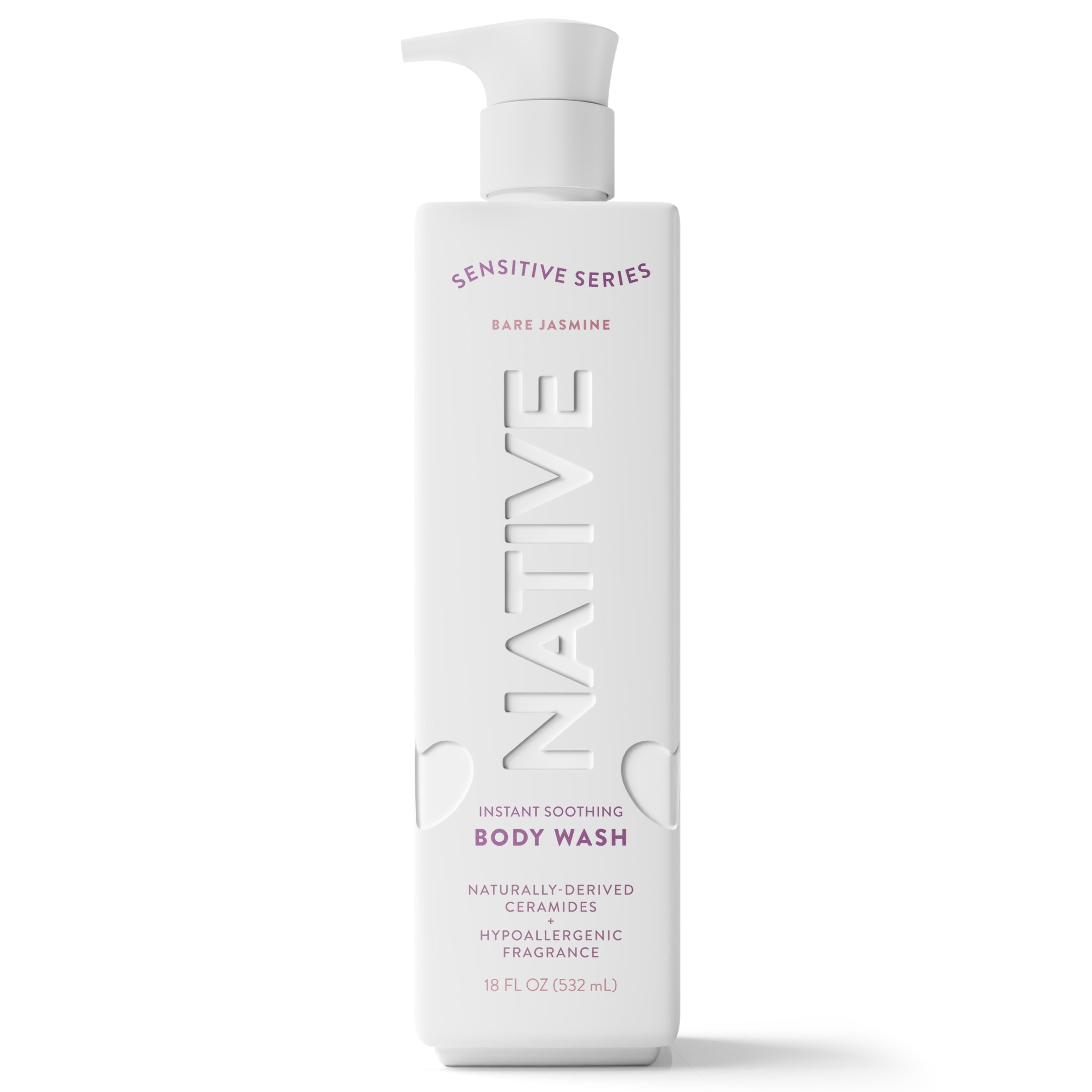 Native Body Wash for sensitive and dry skin, Bare Jasmine, Instant Soothing, Hypoallergenic, 18 FL Oz