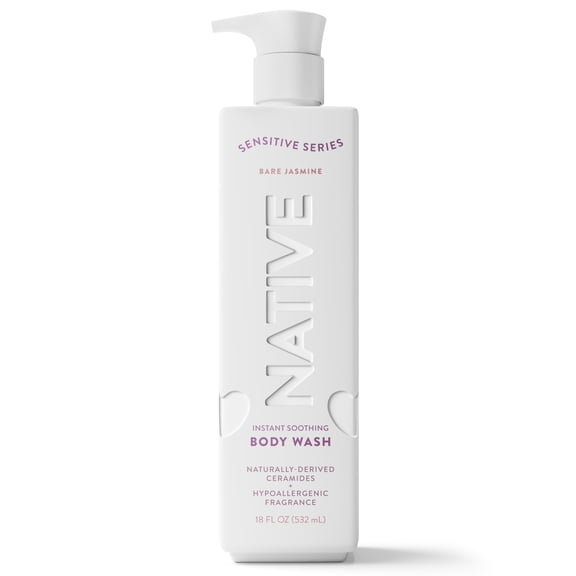 Native Body Wash for sensitive and dry skin, Bare Jasmine, Instant Soothing, Hypoallergenic, 18 FL Oz