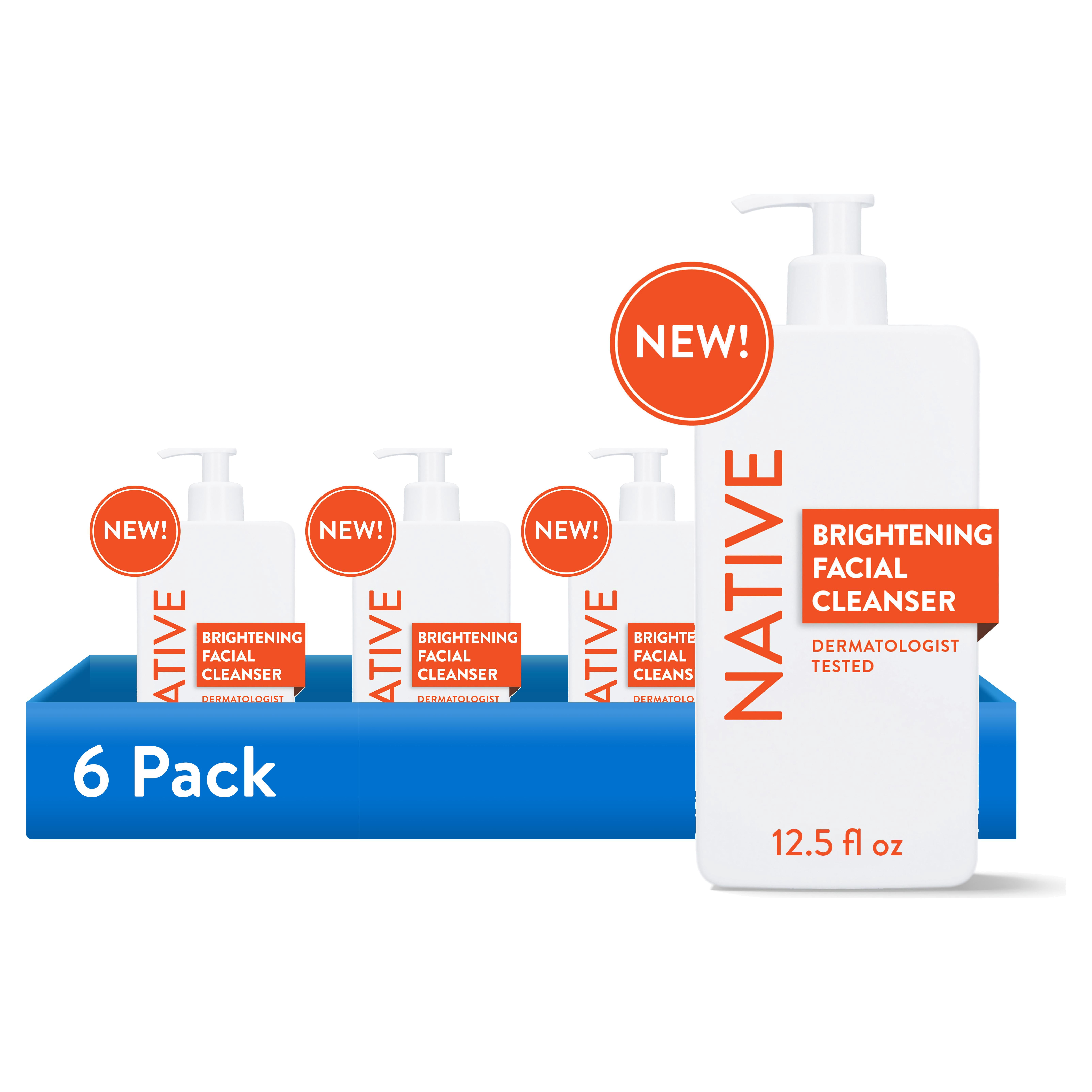 (6 pack) Native Brightening Face Wash, for Normal Combination Skin, Sulfate Free, with Niacinamide and Vitamin C, Dermatologist Tested, 12.5fl oz