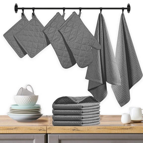 Native Fab 10-Piece Kitchen Set - 100% Cotton, Includes Dishcloths, Dish Towels, Oven Mitts, Potholders, Heat Resistant & Durable, Ideal for Baking, Cooking, and Everyday Kitchen Tasks - Grey