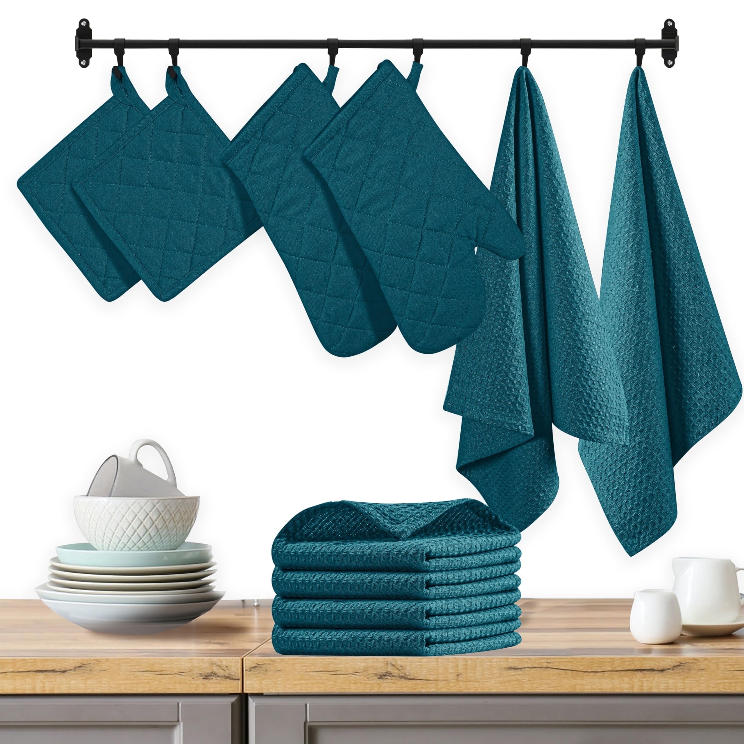 Native Fab 10-Piece Kitchen Set – Includes Oven Mitts, Potholders, Kitchen Towels & Dishcloths, Heat Resistant, 100% Cotton, Durable & Absorbent, Perfect for Cooking, Baking & Everyday Use - Teal
