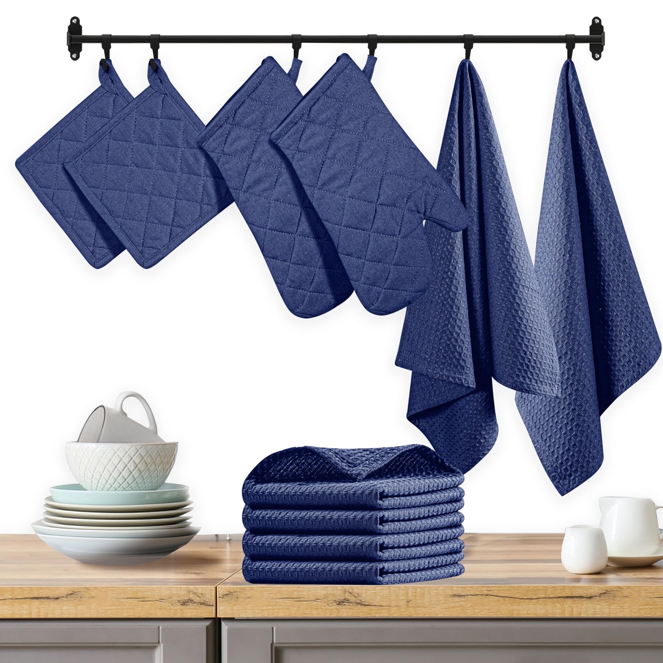 Native Fab 10-Piece Kitchen Set – Includes Oven Mitts, Potholders, Kitchen Towels & Dishcloths, Heat Resistant, 100% Cotton, Durable & Absorbent, Perfect for Cooking, Baking & Everyday Use - Ink Blue