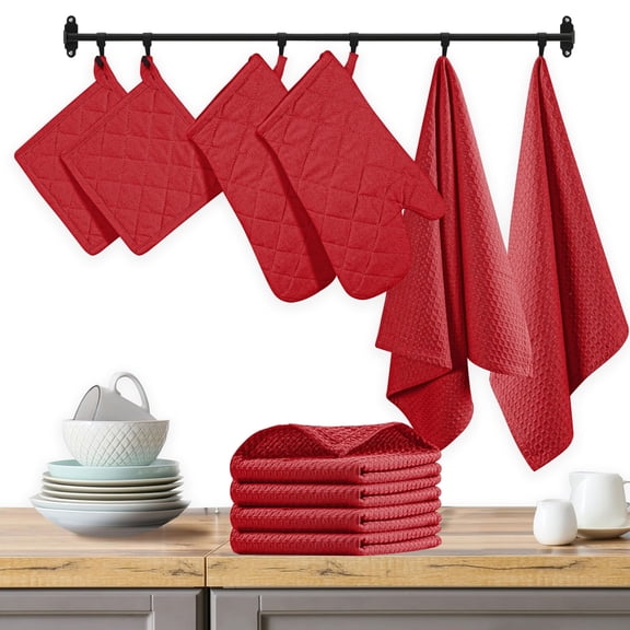 Native Fab 10-Piece Kitchen Set Includes Oven Mitts, Potholders, Kitchen Towels & Dishcloths, Heat Resistant, 100% Cotton, Durable & Absorbent, Perfect for Cooking, Baking & Everyday Use - Red