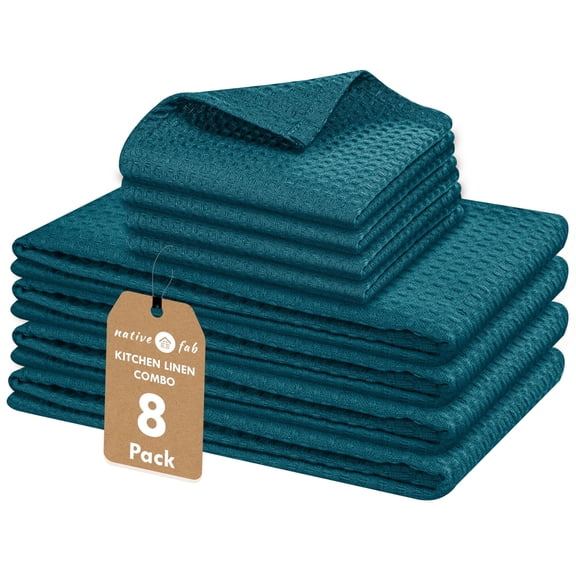 Native Fab 100% Cotton Dish Towel & Dishcloths Set - 8 Piece Set, Soft, Absorbent, Fast Drying, Durable Towels for Cleaning, Baking, Cooking - Great for Home, Kitchen & Restaurant Use - Teal Green