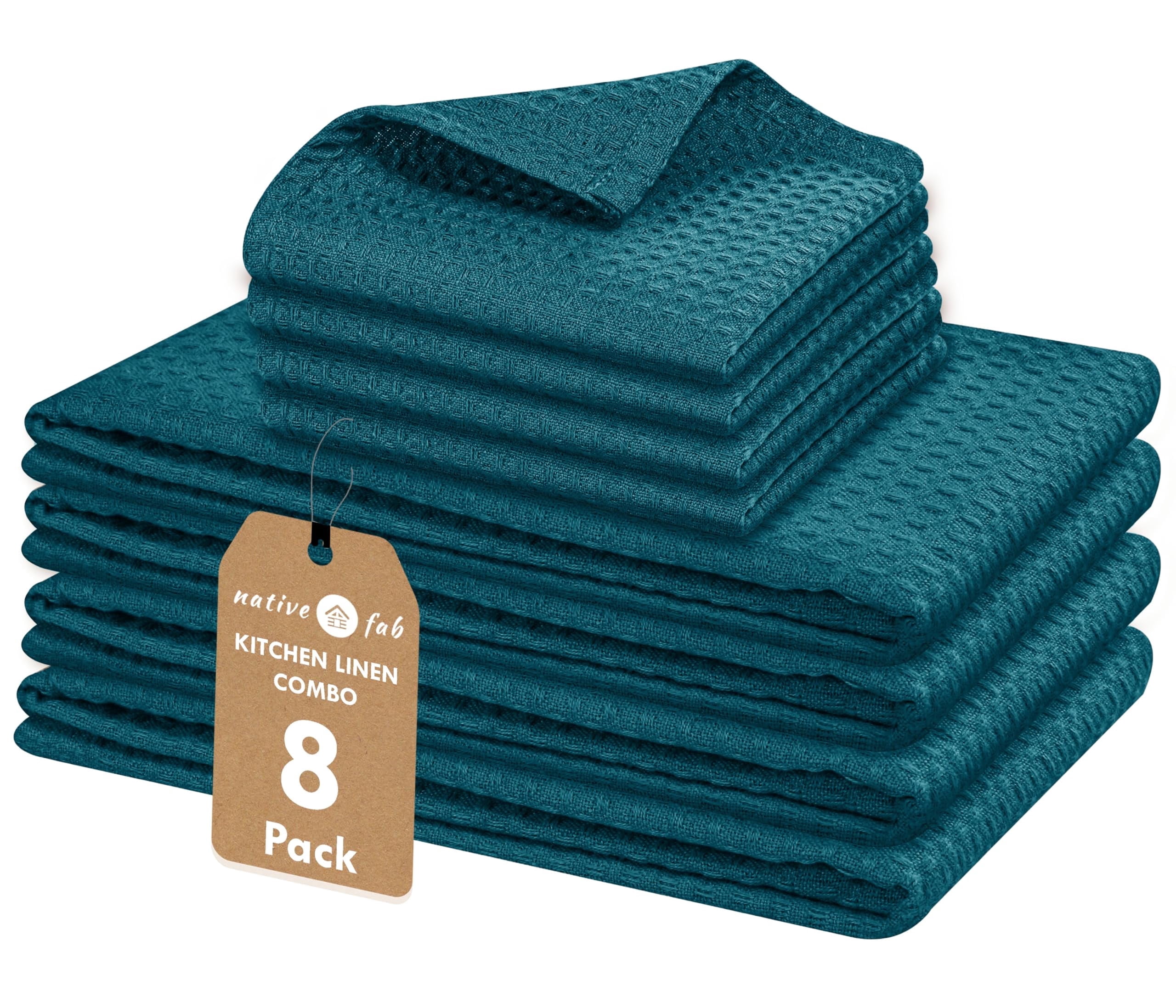 Native Fab 100% Cotton Dish Towel & Dishcloths Set - 8 Piece Set, Soft, Absorbent, Fast Drying, Durable Towels for Cleaning, Baking, Cooking - Great for Home, Kitchen & Restaurant Use - Teal Green