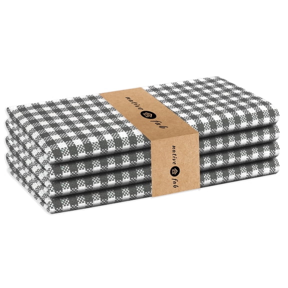 Native Fab 100% Cotton Gingham Check Fabric Cloth Dinner Napkins 16x16 Set of 4 - Grey