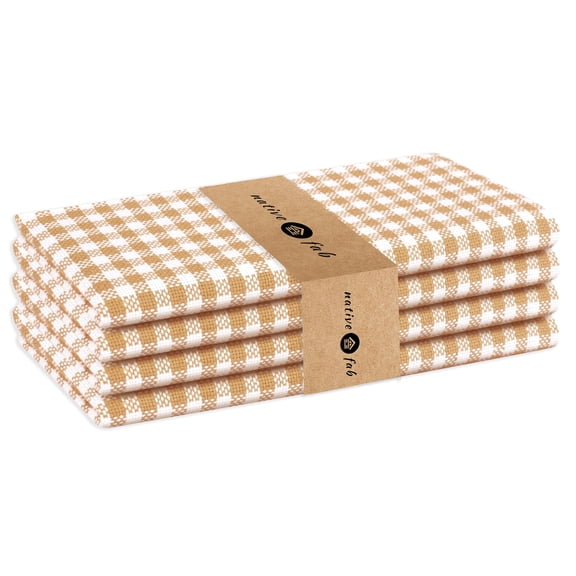 Native Fab 100% Cotton Gingham Check Plaid Fabric Cloth Dinner Napkins 16x16 Set of 4 - Beige