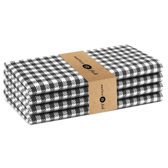 Native Fab 100% Cotton Gingham Check Reusable Cloth Fabric Napkins 16x16 Set of 4 - Black