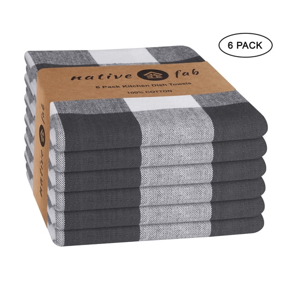 Native Fab 100% Cotton Kitchen Dish Towels 16x26 Set of 6 - Absorbent Tea Towels, Dish Cloths, Restaurant Cleaning Towels, Gingham Check Buffalo Plaid Kitchen Towels with Hanging Loop, Grey