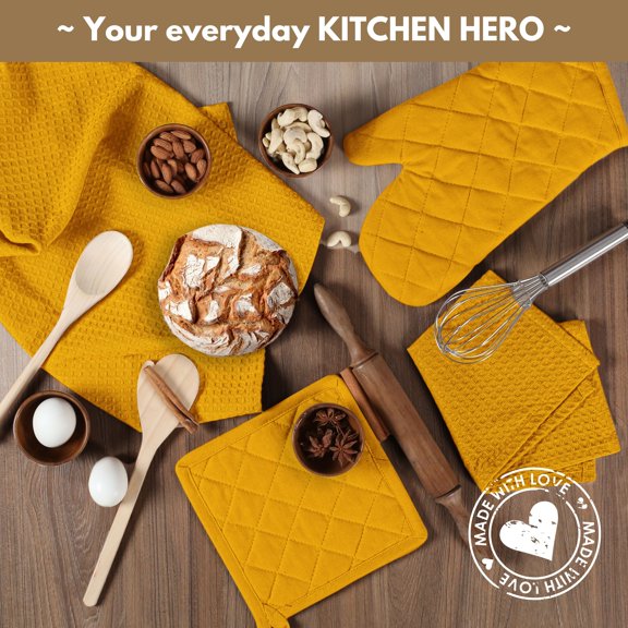 Native Fab 100% Cotton Kitchen Linen Set of 10, Towels and Dishcloths, Heat Resistant Oven Mitts and Potholders, Super Absorbent & Machine Washable, Mustard Yellow