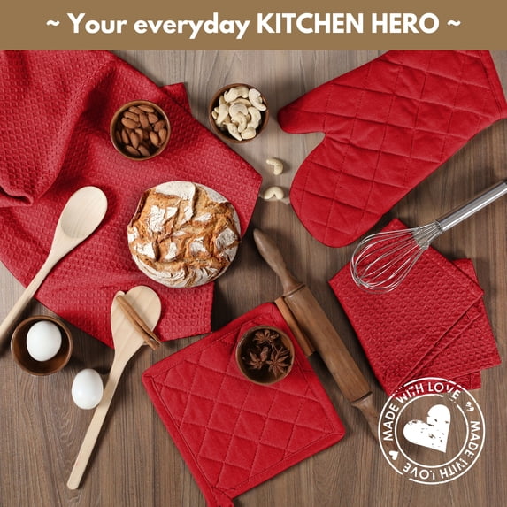 Native Fab 100% Cotton Kitchen Linen Set of 10, Towels and Dishcloths, Heat Resistant Oven Mitts and Potholders, Super Absorbent & Machine Washable, Red