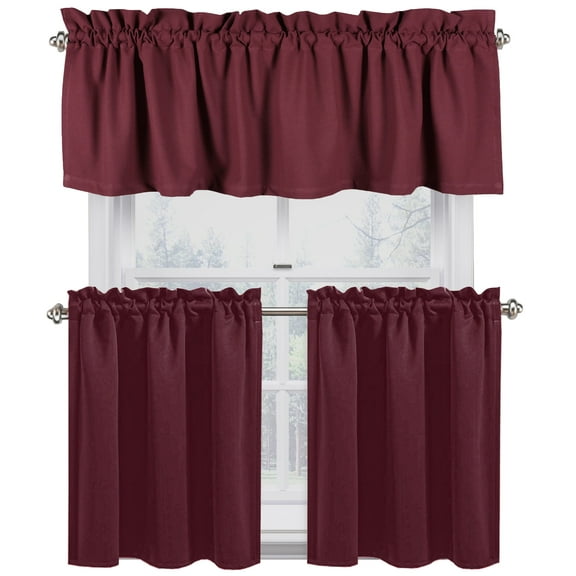 Native Fab 100% Cotton Kitchen Window Curtain Tiers Valance 3 Piece - Rod Pocket Style - Burgundy