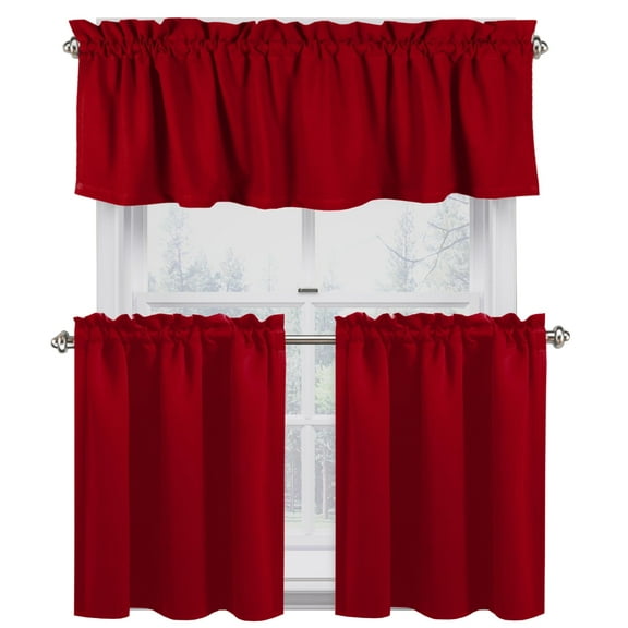 Native Fab 100% Cotton Kitchen Window Curtain Tiers Valance Set - Rod Pocket Style 3 Piece - Red