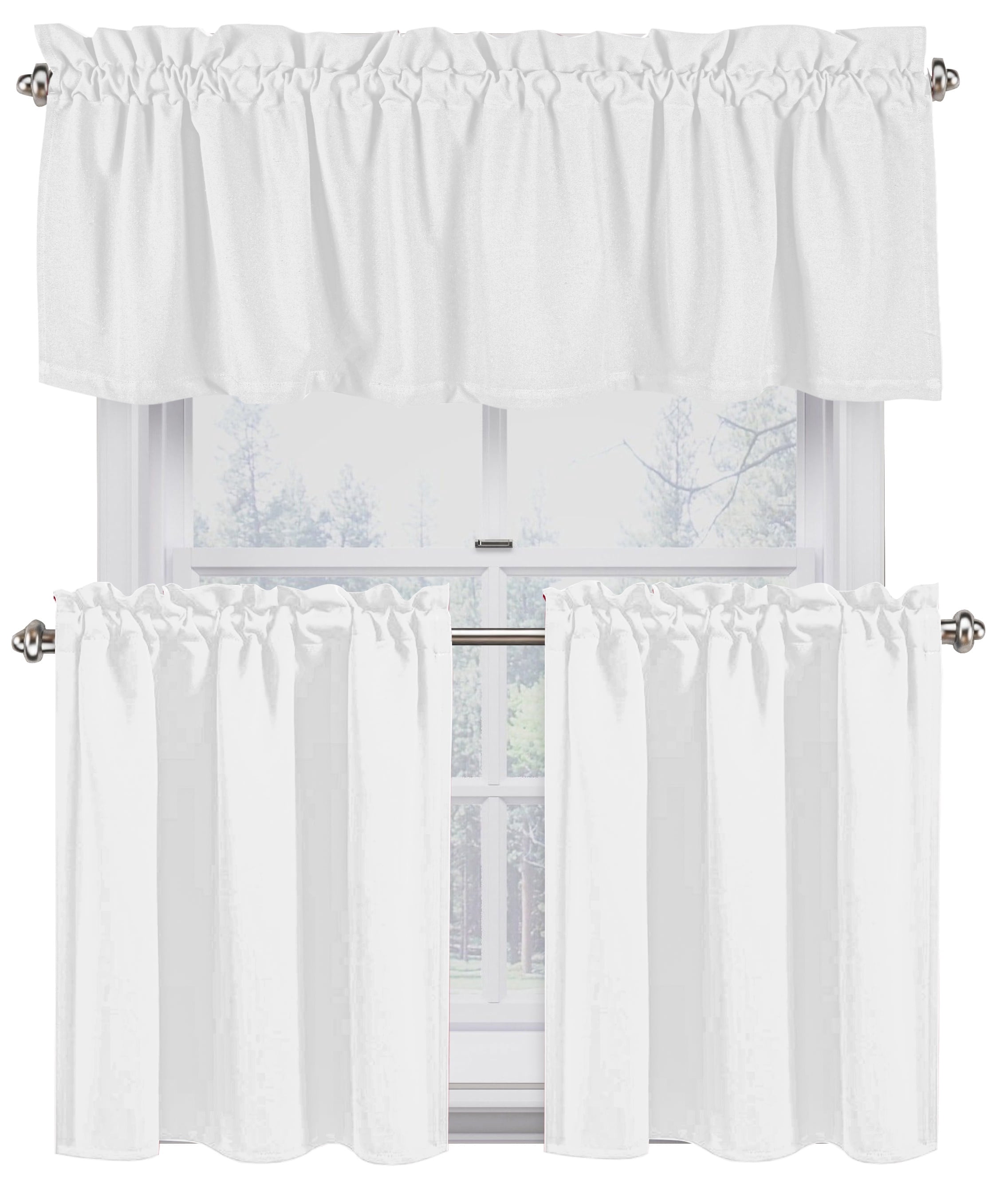 Native Fab 100% Cotton Kitchen Window Curtain Tiers Valance Set - Rod Pocket Style 3 Piece - White