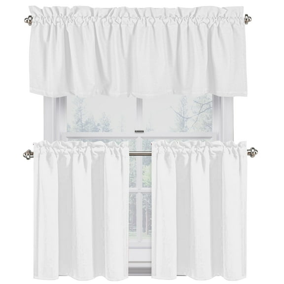 Native Fab 100% Cotton Kitchen Window Curtain Tiers Valance Set - Rod Pocket Style 3 Piece - White