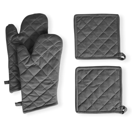 Native Fab 100% Cotton Oven Mitts & Pot Holders for Baking Cooking Hot Pads - 4 Pack - Gray