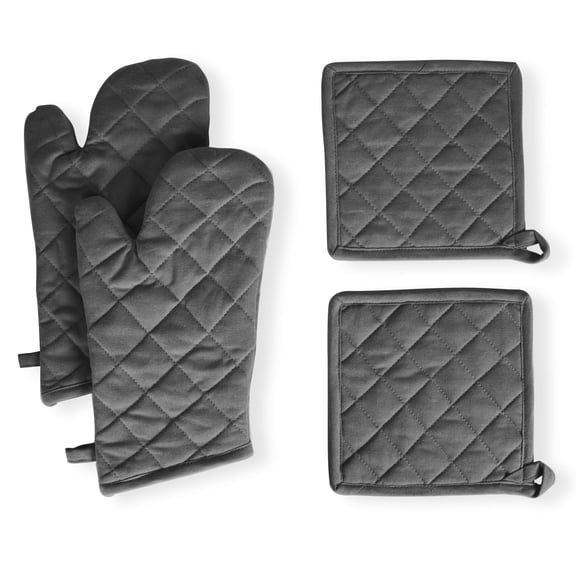 Native Fab 100% Cotton Oven Mitts & Pot Holders for Baking Cooking Hot Pads - 4 Pack - Gray