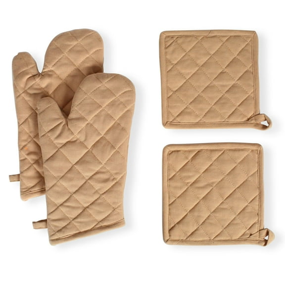 Native Fab 100% Cotton Oven Mitts & Pot Holders for Baking Cooking Hot Pans - 4 Pack - Beige