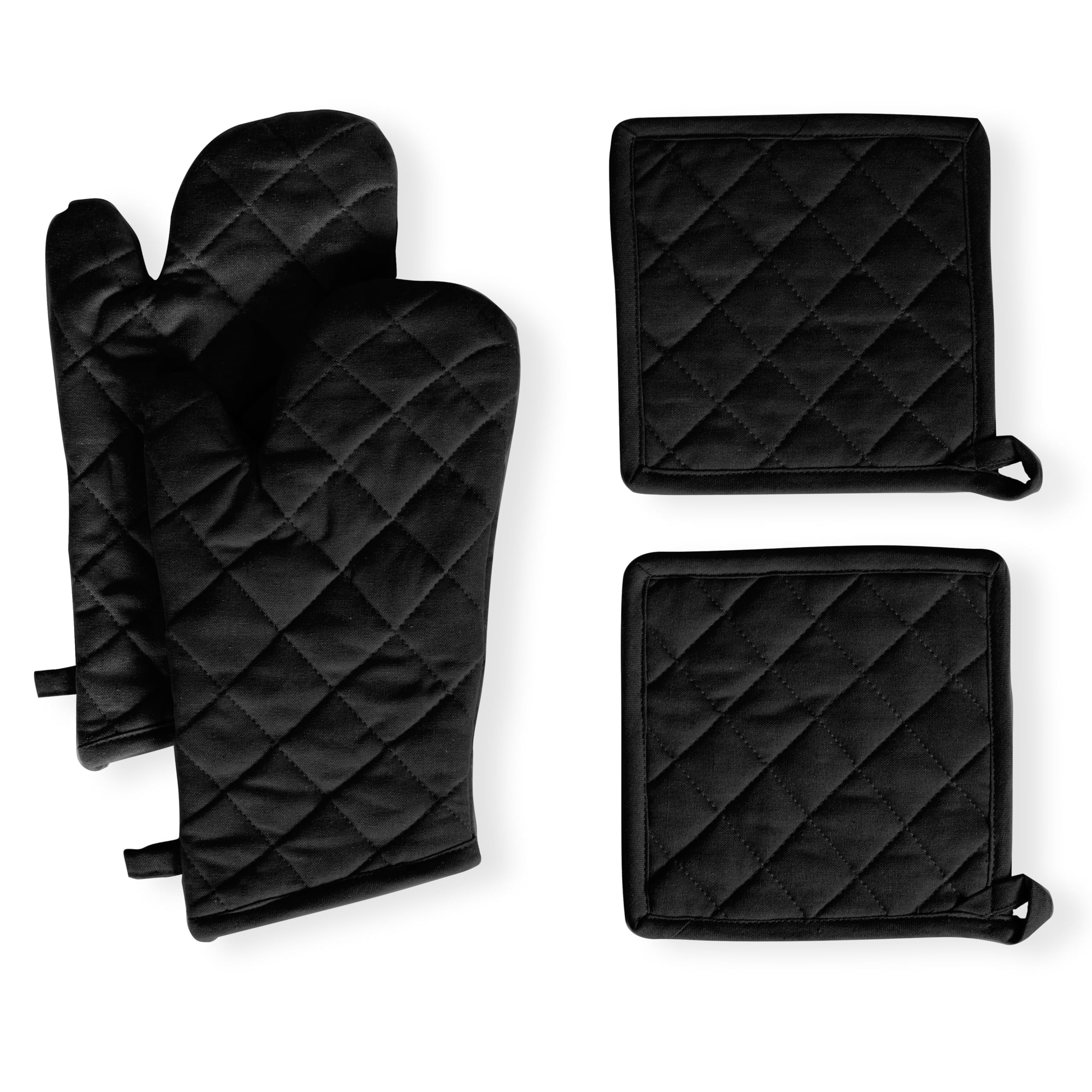Native Fab 100% Cotton Oven Mitts & Pot Holders for Baking Cooking Hot Pans - 4 Pack - Black