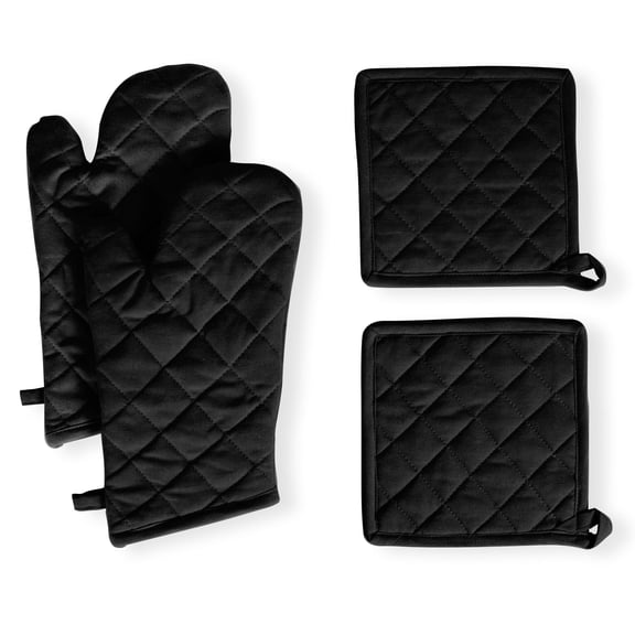 Native Fab 100% Cotton Oven Mitts & Pot Holders for Baking Cooking Hot Pans - 4 Pack - Black