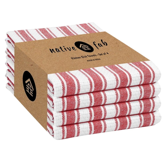 Native Fab 100% Cotton Red Kitchen Towels - 16x26 inches - Set of 4 - Basket Weave Stripe Dish Towels for Cleaning, Drying Dishes, Absorbent Dish Cloths Set with Hanging Loop - Red White
