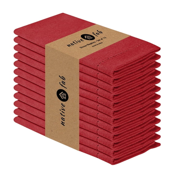 Native Fab 100% Cotton Set of 12 Hemstitch Dinner Cloth Napkin 18x18 - Red